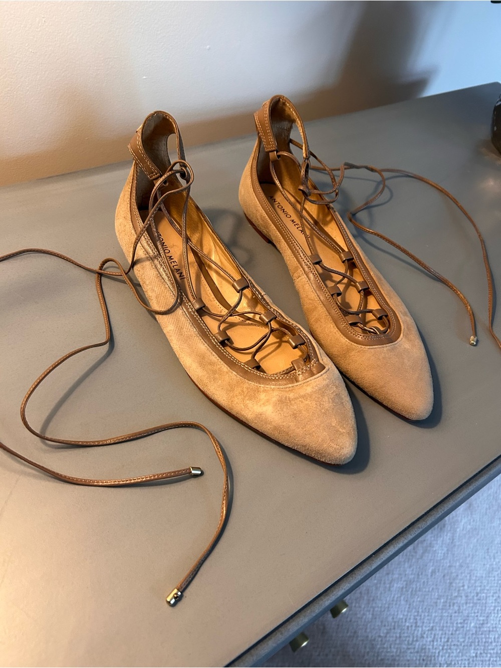 Antonio Melani Dillards Exclusive Suede Lace-Up Pointed Toe Ballet Flats Nude 8